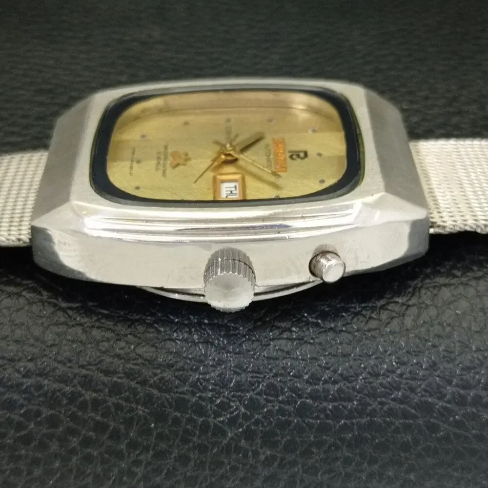 Vintage 1997 Square Ricoh Automatic Mens Silver Watch W/daydate & Gold accents
